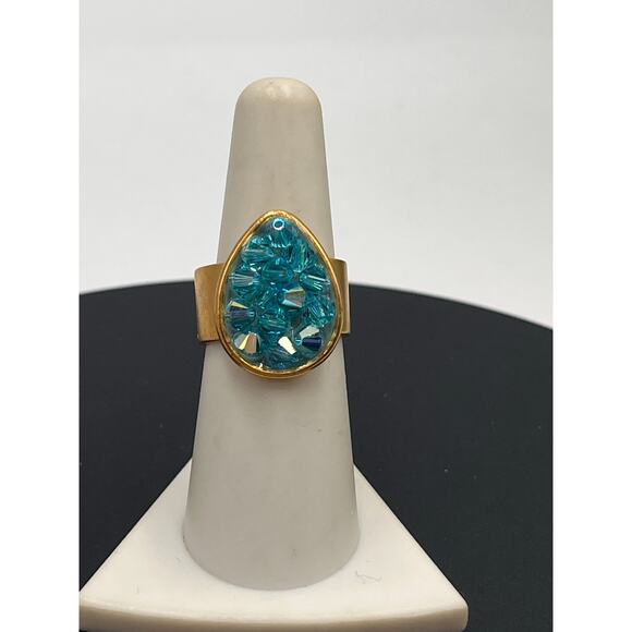 Liz Palacios Teardrop Blue AB Swarovski Crystal Gold Plated Wide Band Ring Sz 7 - Picture 2 of 8